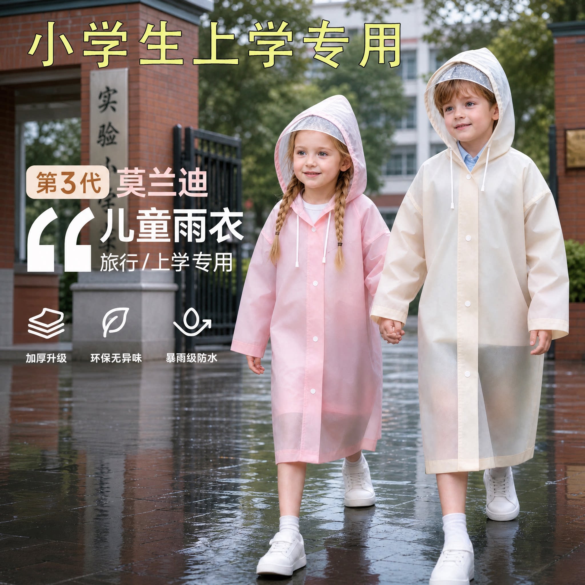 2026大帽檐莫兰迪儿童一次性雨衣小学生上学专用可背书包防暴雨披