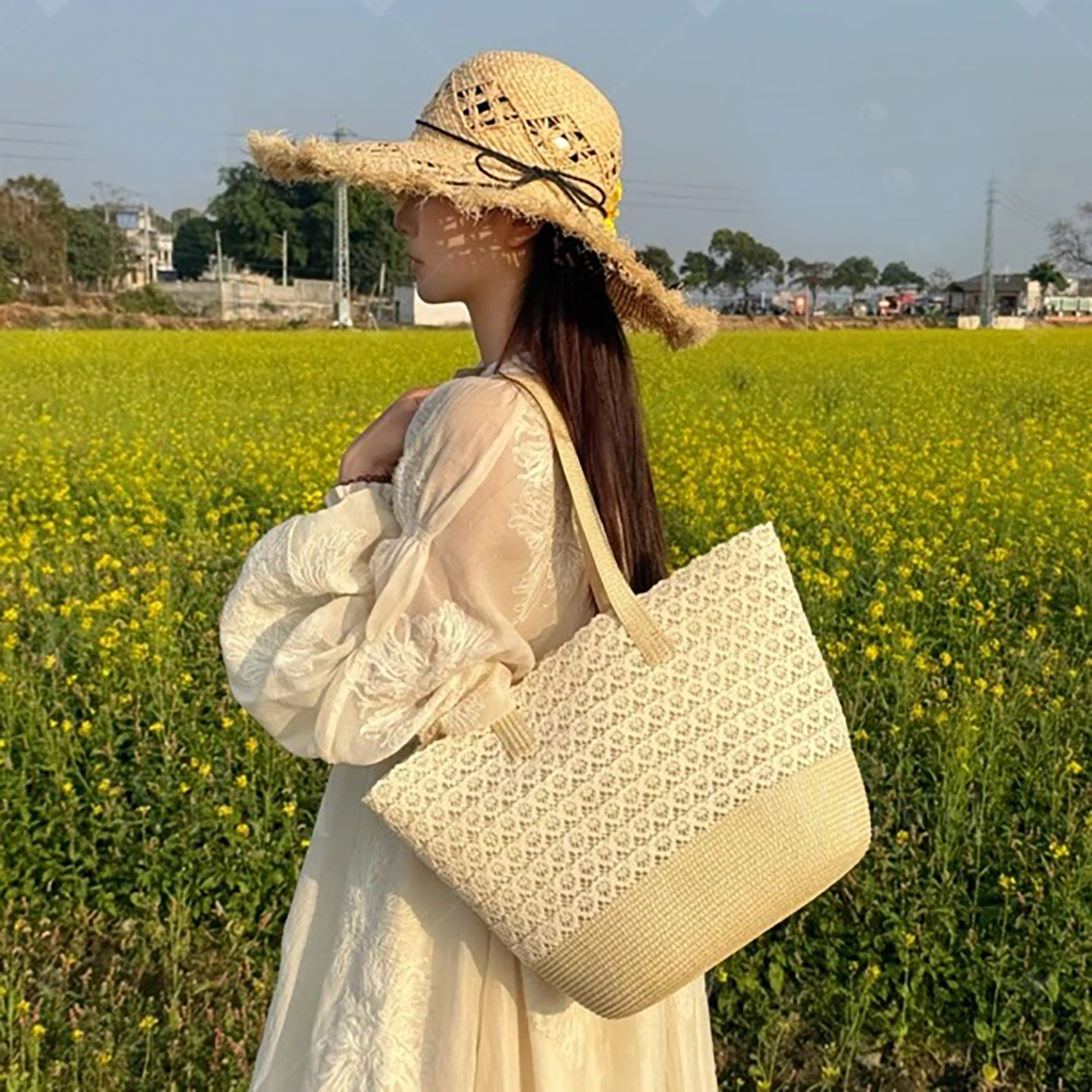 蕾丝ins风韩系草编包织包女2026海边度假沙滩包大容量单肩水桶包