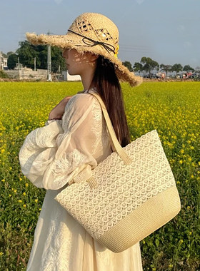 蕾丝ins风韩系草编包织包女2026海边度假沙滩包大容量单肩水桶包