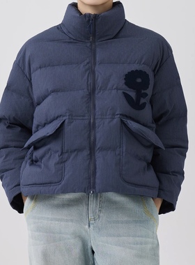 斯琴2025秋冬专柜正品蓝色细格立领拉链棉服厚外套绣花BEDS010108