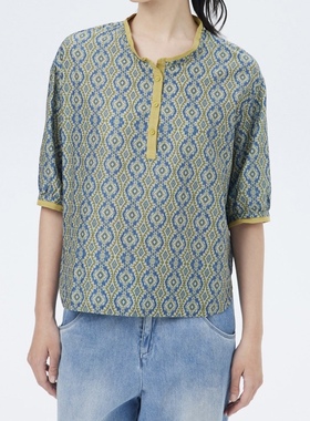 斯琴2023夏专柜正女丝棉混纺印花半开襟套头五分袖衬衫BCXS027150