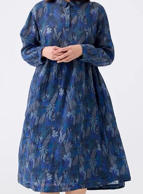 斯琴2025春专柜正品印花连衣裙子翻领宽松高腰系带长裙BECQ010150