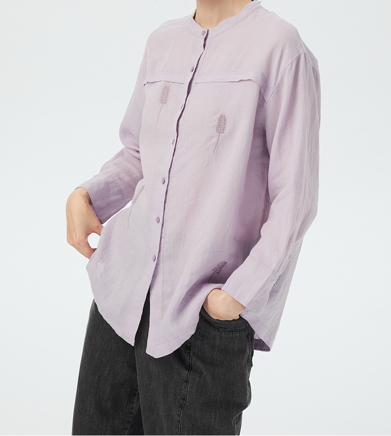 斯琴2022夏新品苎麻香芋紫绣花立领单排扣落肩衬衫BBXS019132 958