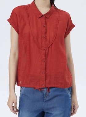 斯琴2023夏专柜正品女苎麻红色翻领单排扣连袖短袖衬衫 BCXS03403