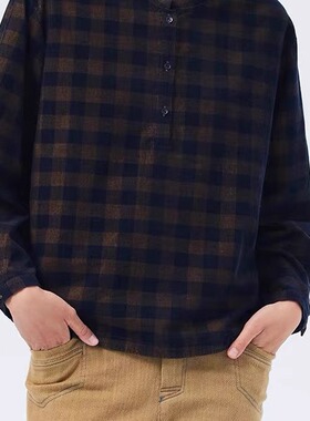 斯琴2023秋专柜正品纯棉格纹立领半开襟套头落肩衬衫 BCQS002109