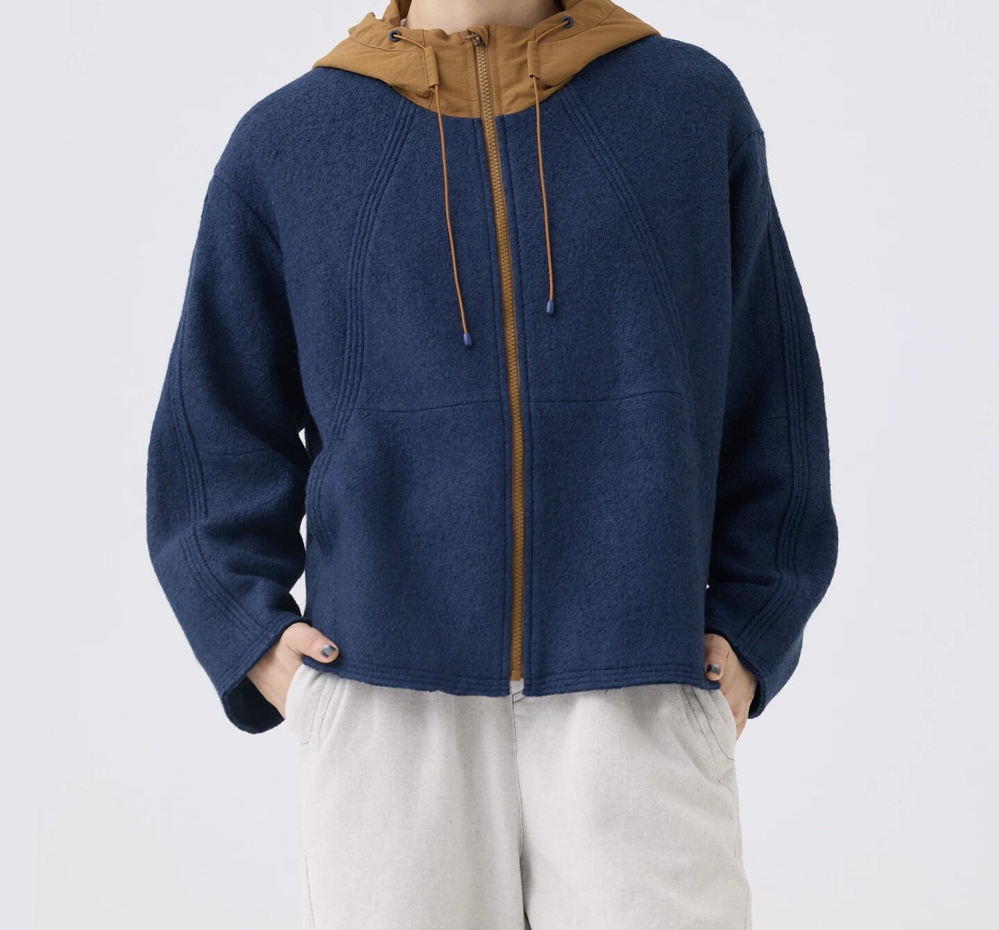 斯琴2025秋冬专柜正品深兰撞色连帽拉链羊毛混纺呢外套BEQS01428