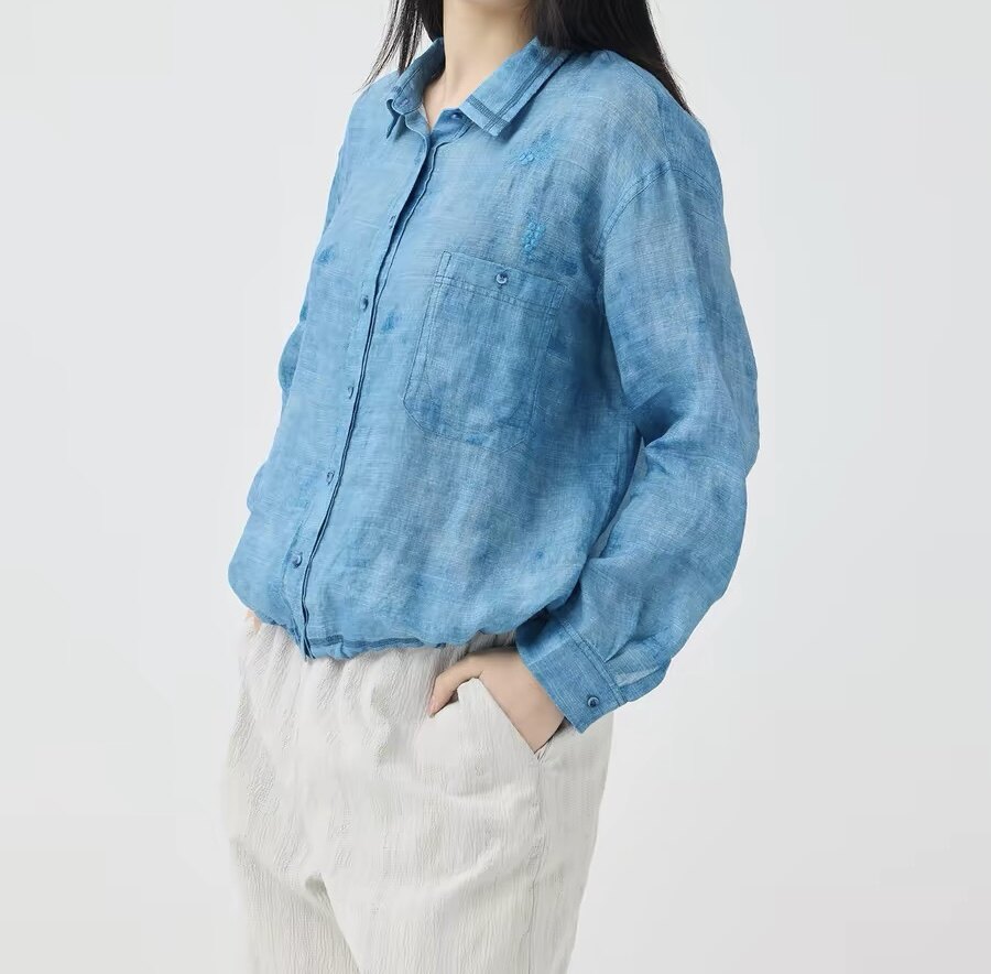 斯琴2026春专柜正品湖蓝苎麻刺绣宽松衬衫长袖衬衣薄女BFCS03048