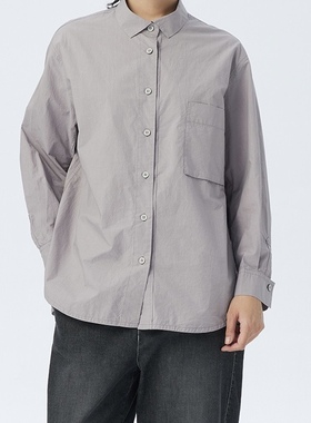 斯琴2022秋专柜正品女纯棉灰紫翻领单排扣宽松衬衫上衣BBQS02787