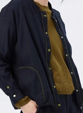 斯琴2023春专柜正品女亚麻混纺黑色立领落肩单排扣外套 BCCS03502