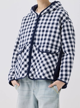 斯琴2025冬专柜正品蓝白格子纯棉连帽宽松拉链外套休闲BEDS015109