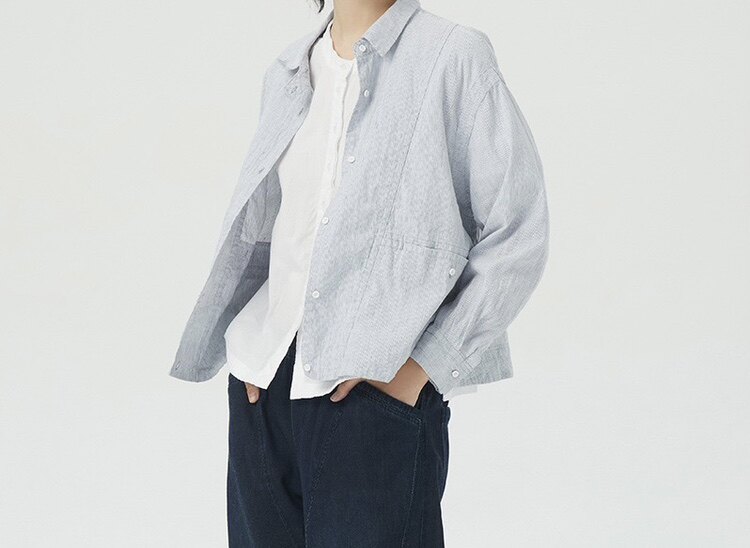 斯琴2022春季新品女棉麻混纺条纹九分袖单排扣衬衫外套BBCS05783