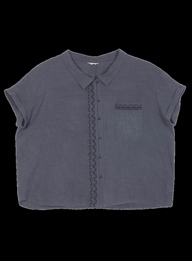 斯琴2024夏专柜正品深灰色绣花翻领短袖衬衫上衣衬衣 BDXS01617