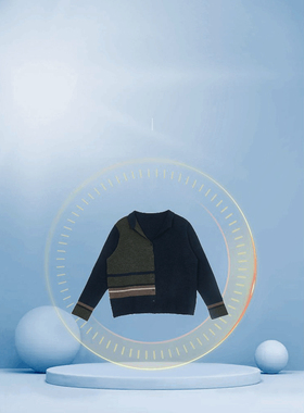 斯琴2024秋专柜正品深兰拼色V领针织开衫外套毛衫小衫FBCQB01528