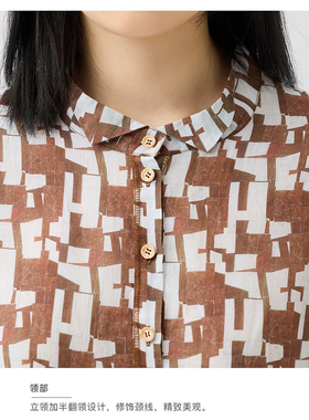 斯琴2025春专柜正品苎麻印花连衣裙翻领宽松长裙五分袖BECQ017150