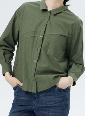 斯琴2023春专柜正品绿纯棉落肩翻领单排扣直筒短款衬衫 BCCS01704