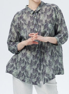 斯琴2023夏专柜正品女苎麻印花单排扣长袖落肩休闲衬衫BCXS012150