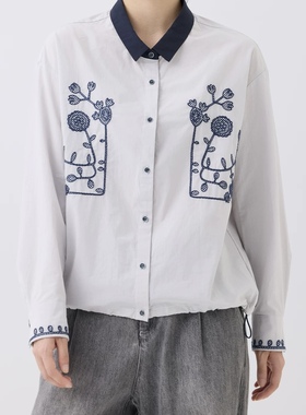 斯琴2025秋专柜正品灰色纯棉翻领绣花上衣宽松衬衫衬衣BEQS01525