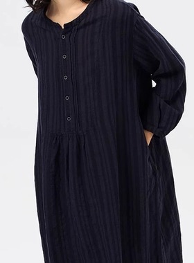 斯琴2024秋专柜正品条纹褶皱亚麻混纺宽松圆领连衣裙子BDQQ00283