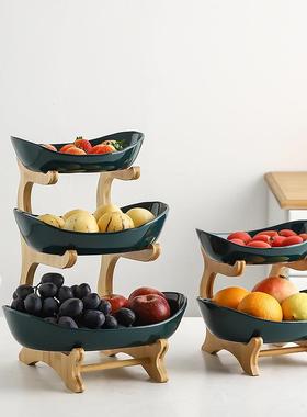 创意三层多层水果盘欧式陶瓷干果盘竹木架家用寿司盘货源果篮