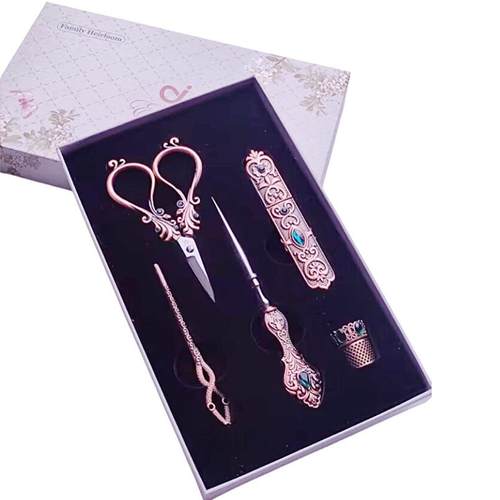 正品凤尾复古剪刀盒子装五件套装 锥子 顶针 针桶 镶钻