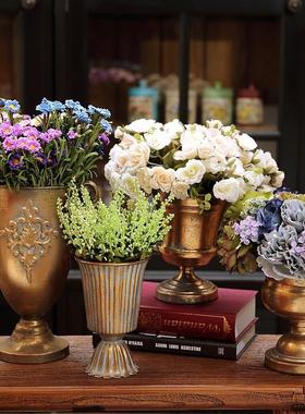 古典高脚杯花器复古金色做旧铁艺花器欧式花瓮