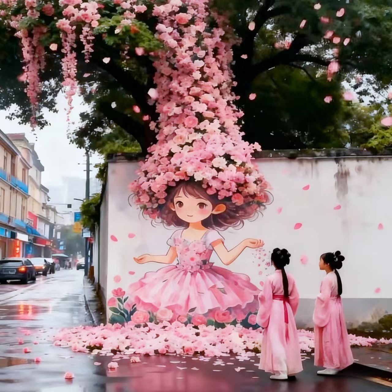 户外彩绘女孩花艺墙仿真花墙绘装饰景区公园引流打卡拍照瀑布花墙