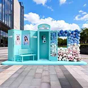 户外商业街打卡框花艺组合美陈摆件电话亭座椅仿真花造景布置道具