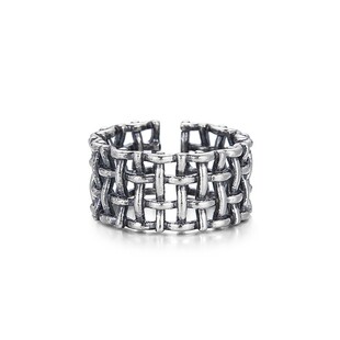 镀银新款小众百搭戒指男士无名指时尚复古指环中指网格纹饰品