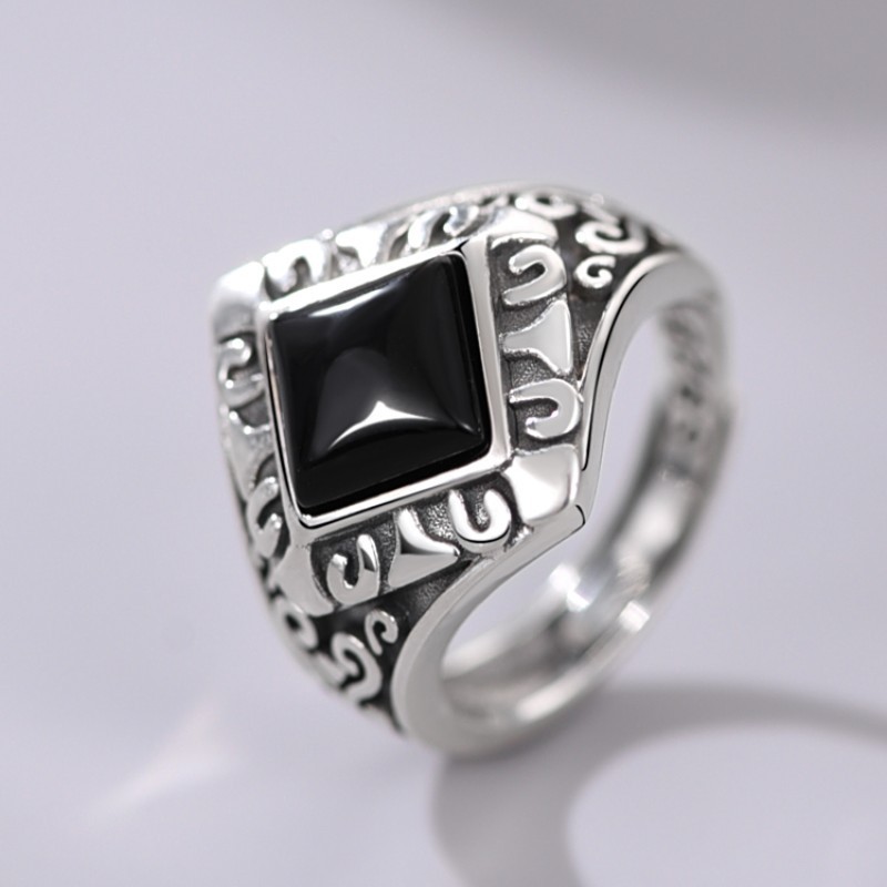 镀银2024新款简约黑色石戒指男士款时尚高级感开口指环可调节