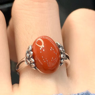 原创设计复古做旧天然南红玛瑙花卉蛋面戒指轻奢活口女戒指环