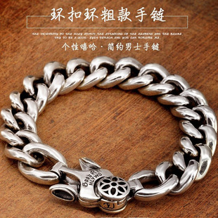 高級感古巴櫻花環(huán)扣手鏈男士 手環(huán) 簡約光面粗款 潮ins藏銀復古個性