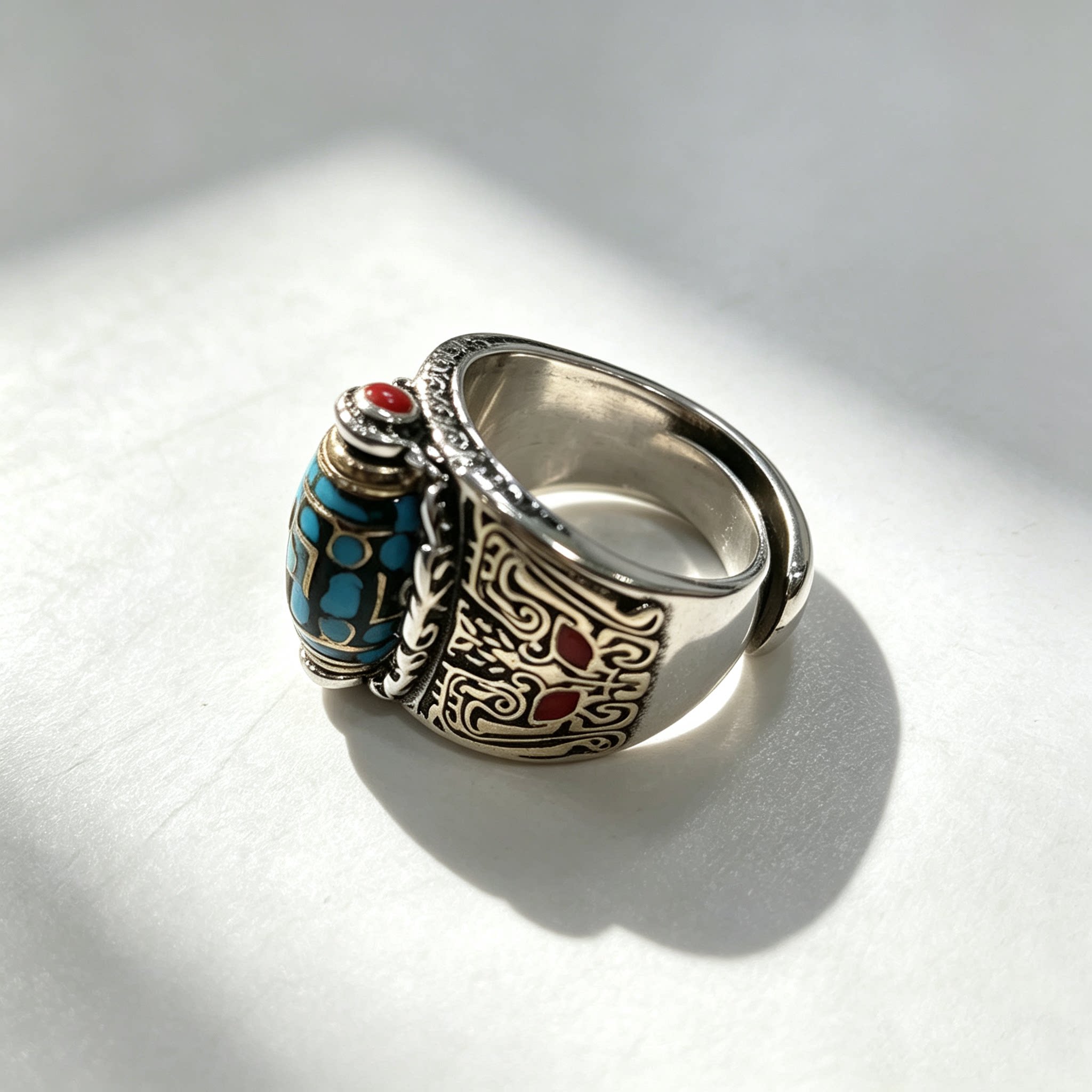 新款九眼天珠六字真言转动戒指男女款手工复古做旧霸气指环