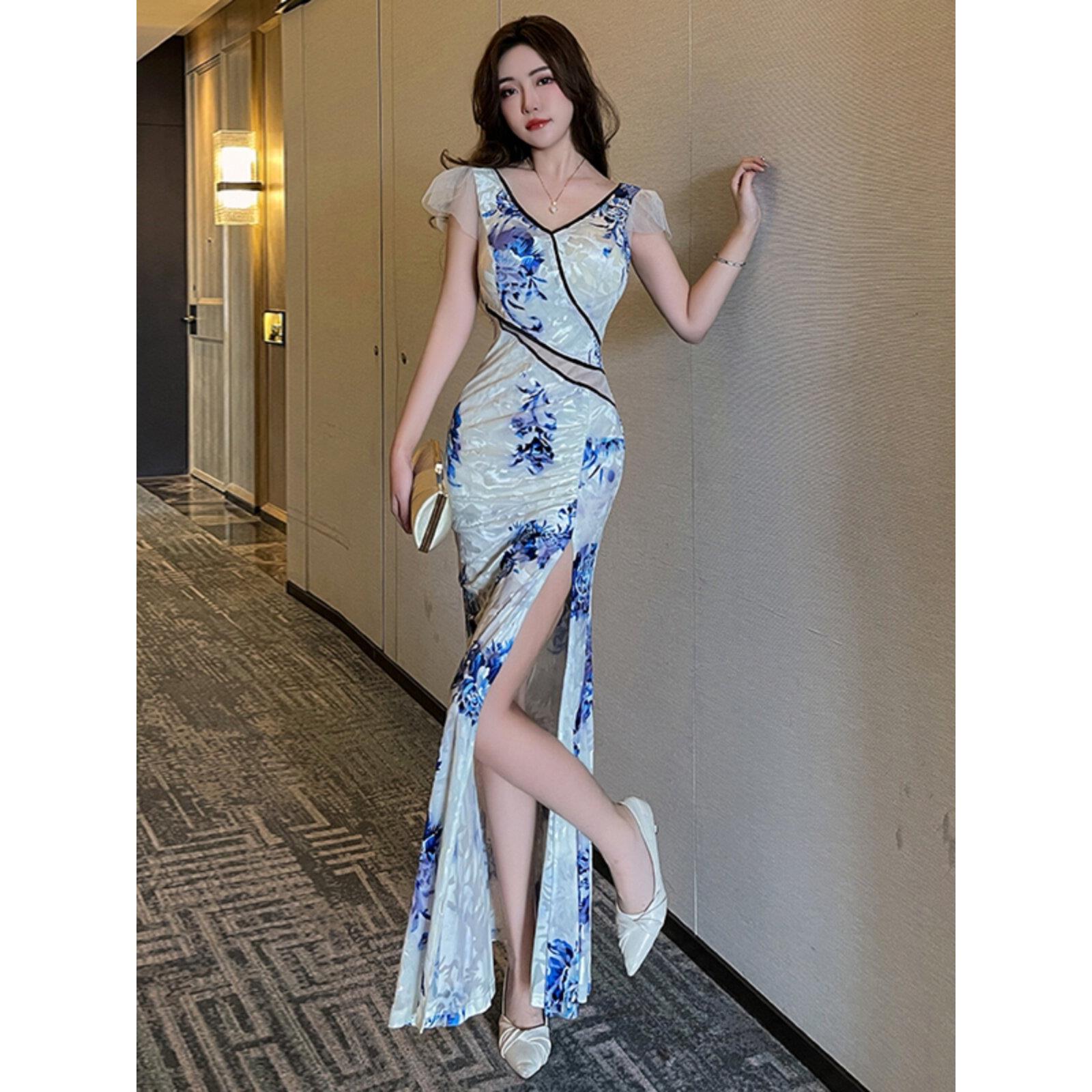 印花旗袍晚礼服性感柔式按摩养生沐足休闲会所连衣裙技师工衣