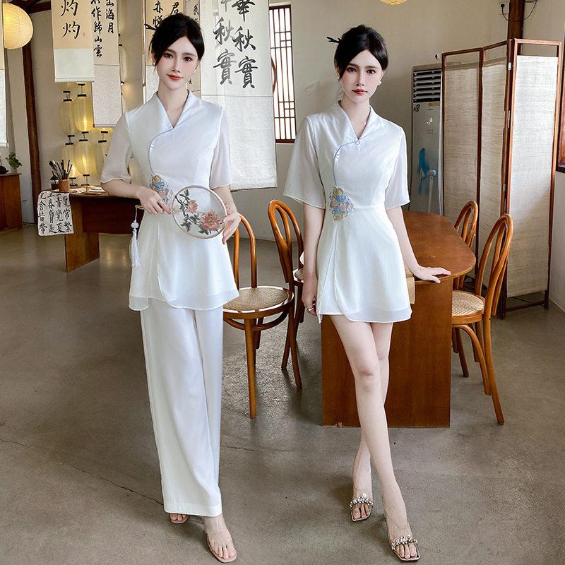 新款采耳师服装国风仙气茶艺师美容师足浴技师工作服气质裤子套装