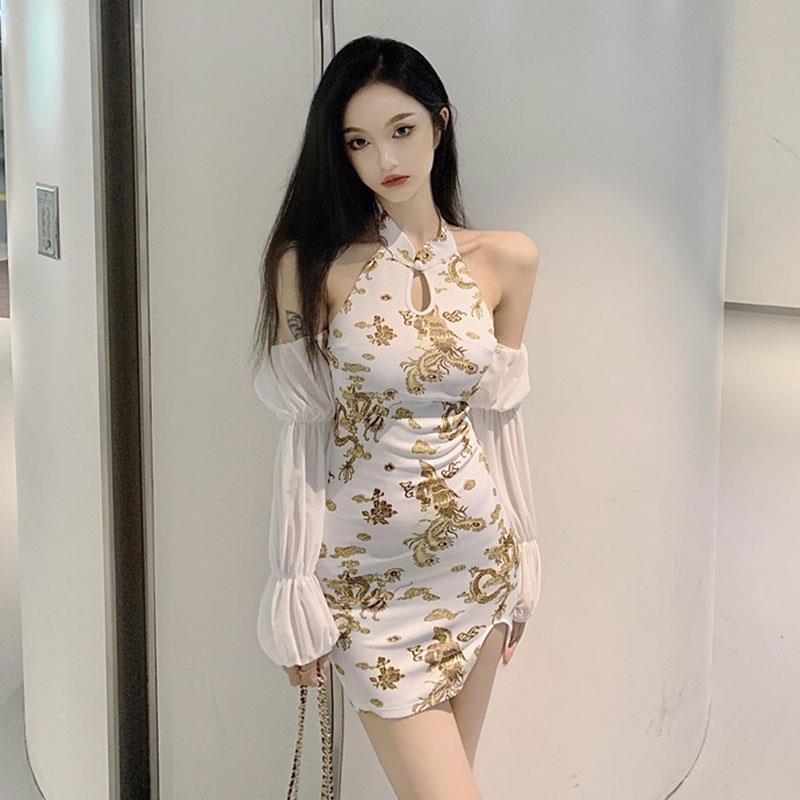 直播衣服女主播服装上镜高级中国风性感露背挂脖改良旗袍连衣裙图片
