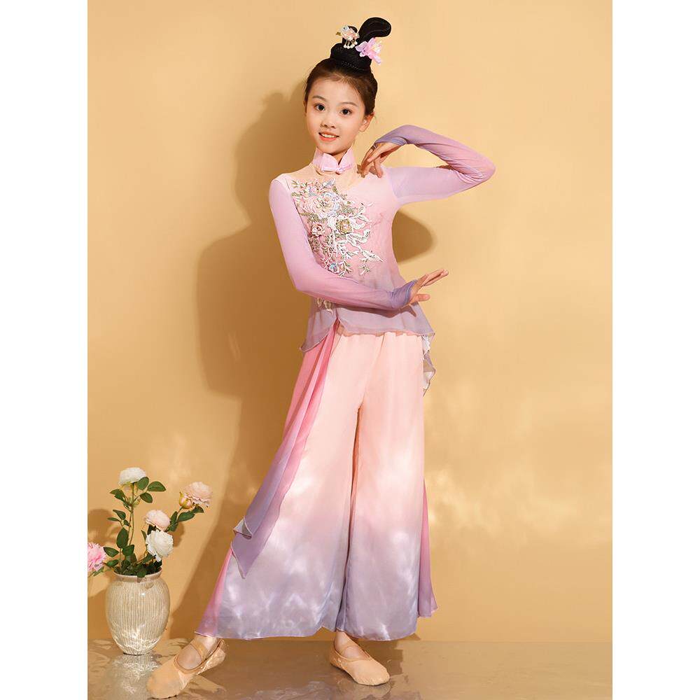 儿童女新款古典舞演出服国风渐变飘逸纱衣扇子舞蹈服表演服练功服