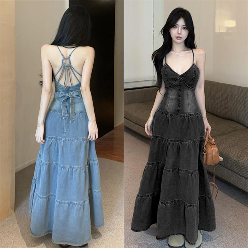 名媛气质女装时尚复古露背收腰显瘦长裙子性感牛仔大摆吊带连衣裙