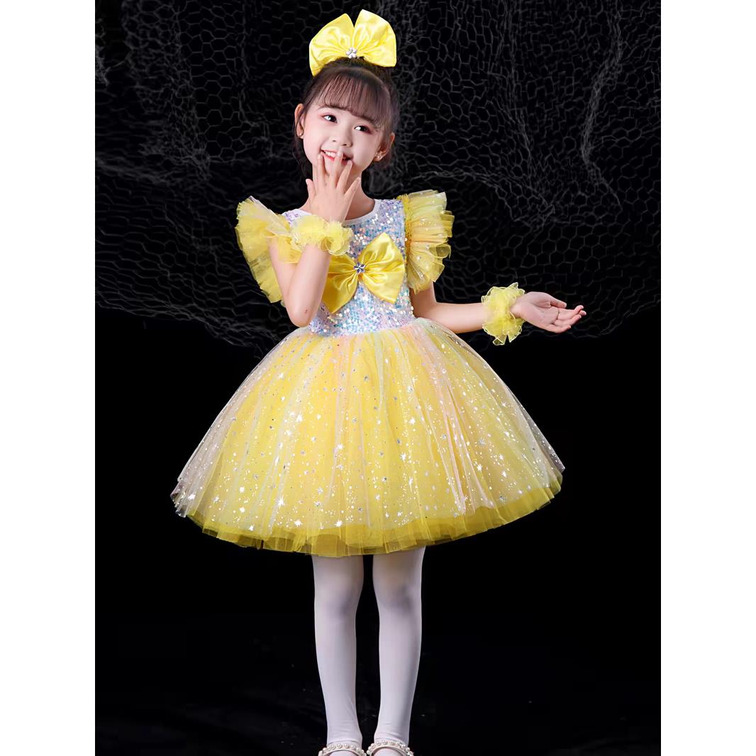 六一女童公主裙演出服快乐的小星星黄色蓬蓬纱裙幼儿园舞蹈表演服