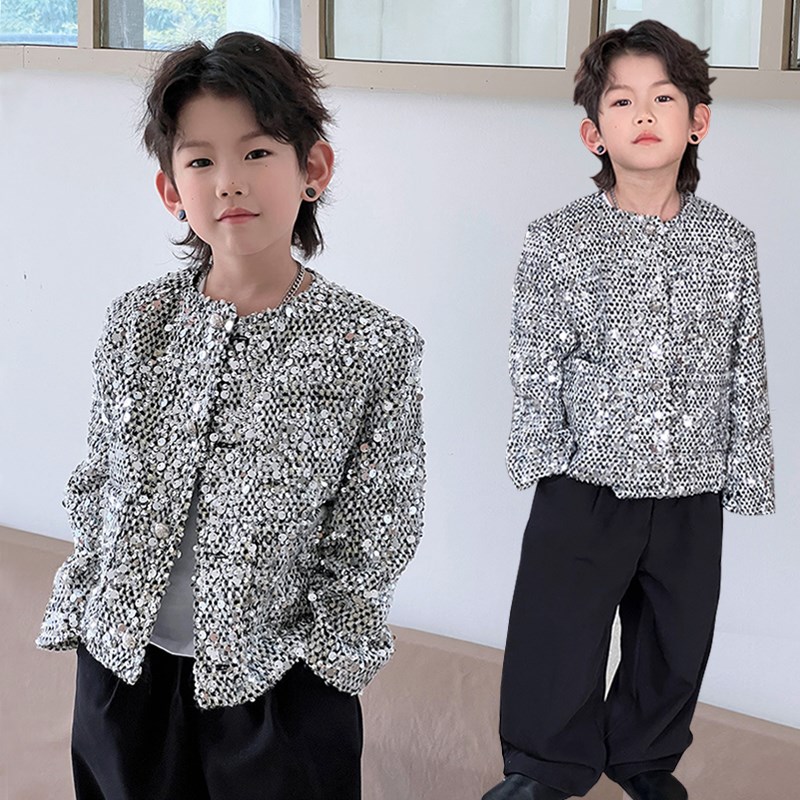 痞帅男童小香风外套春秋儿童亮片上衣西装酷男孩t台走秀潮服演出