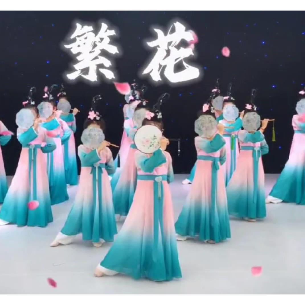 玉灵儿舞蹈服古典舞演出服飘逸女儿童繁花演出服头饰俏皮舞蹈服装