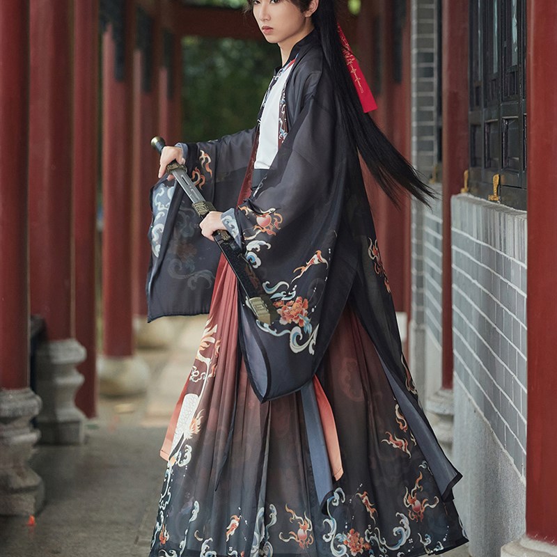 原创汉服男女黑红色系魏晋风印花飘逸侠客古装学生武侠情侣CP套装