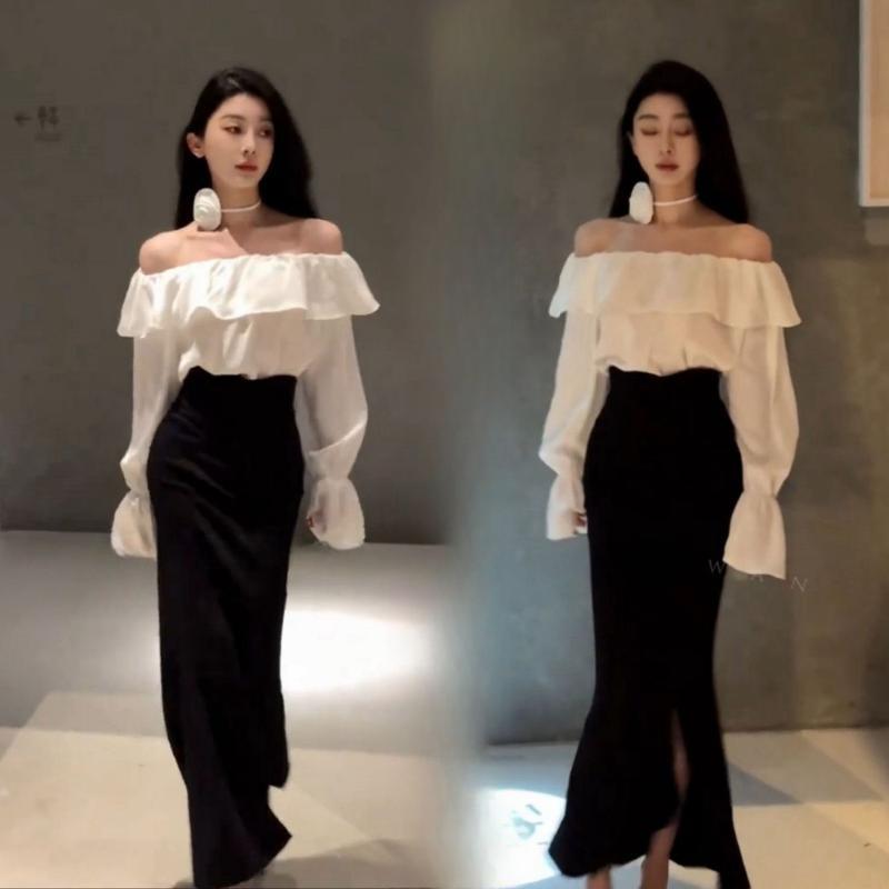 网红同款灯笼袖领荷叶一字露肩上衣+高腰鱼尾长裙两件套女套装潮