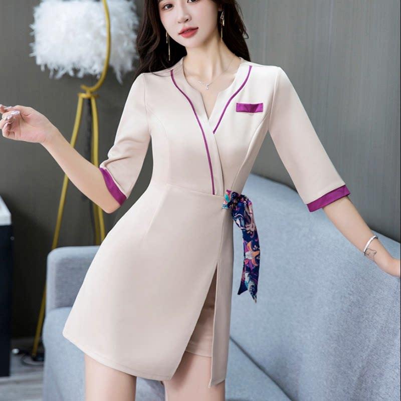 秋冬款复古沐足技师服美容院工作服中袖连衣裙+短裤套装两件套女