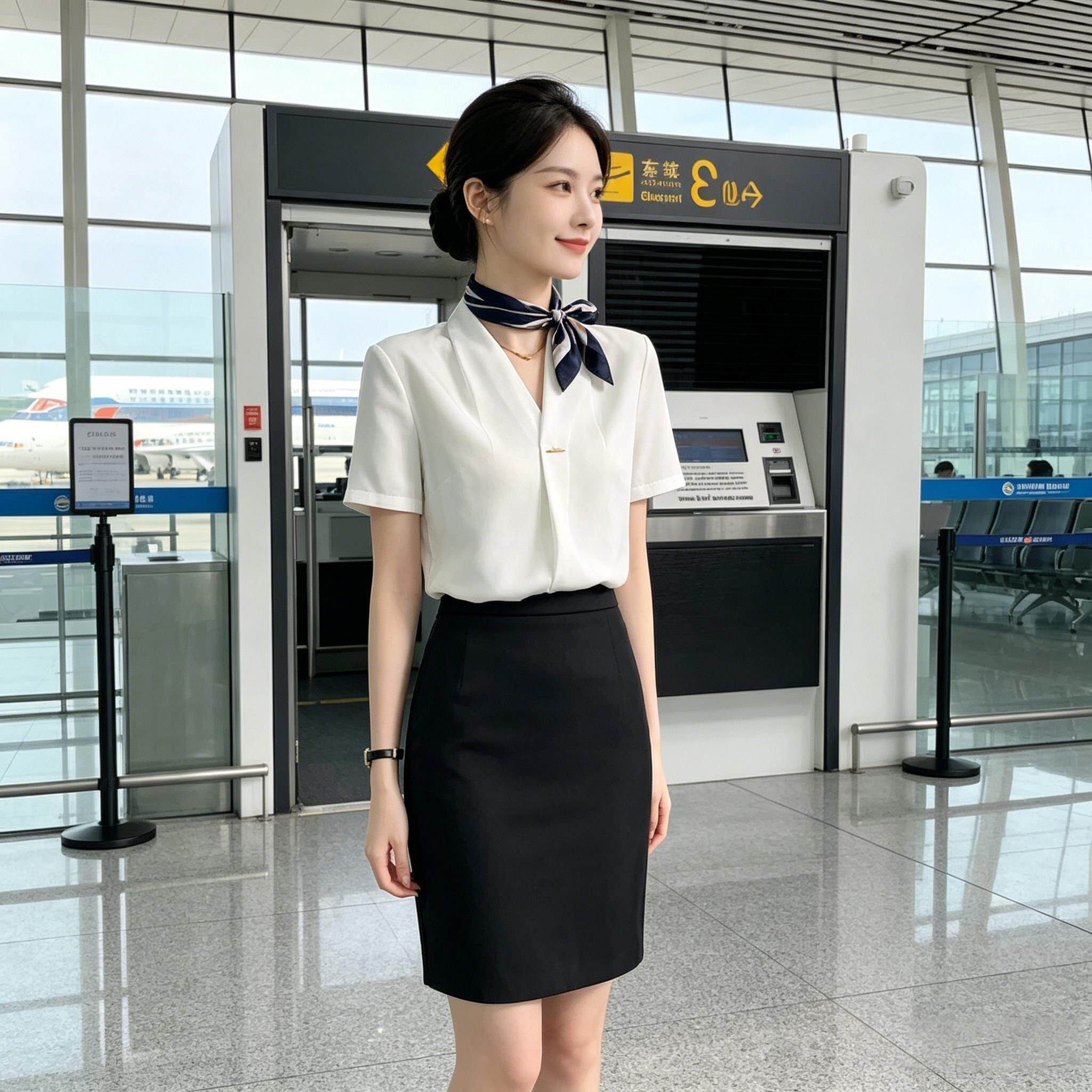 领白衬衫女夏季短袖缎面衬衣时尚气质空姐前台工作服职业装套装