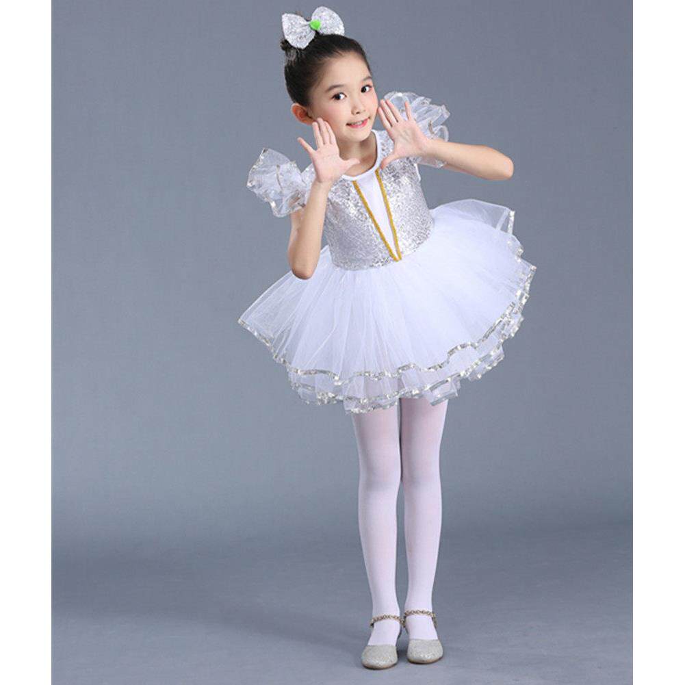 六一儿童节女孩表演服装白色公主裙亮片蓬蓬纱裙现代舞蹈演出裙子