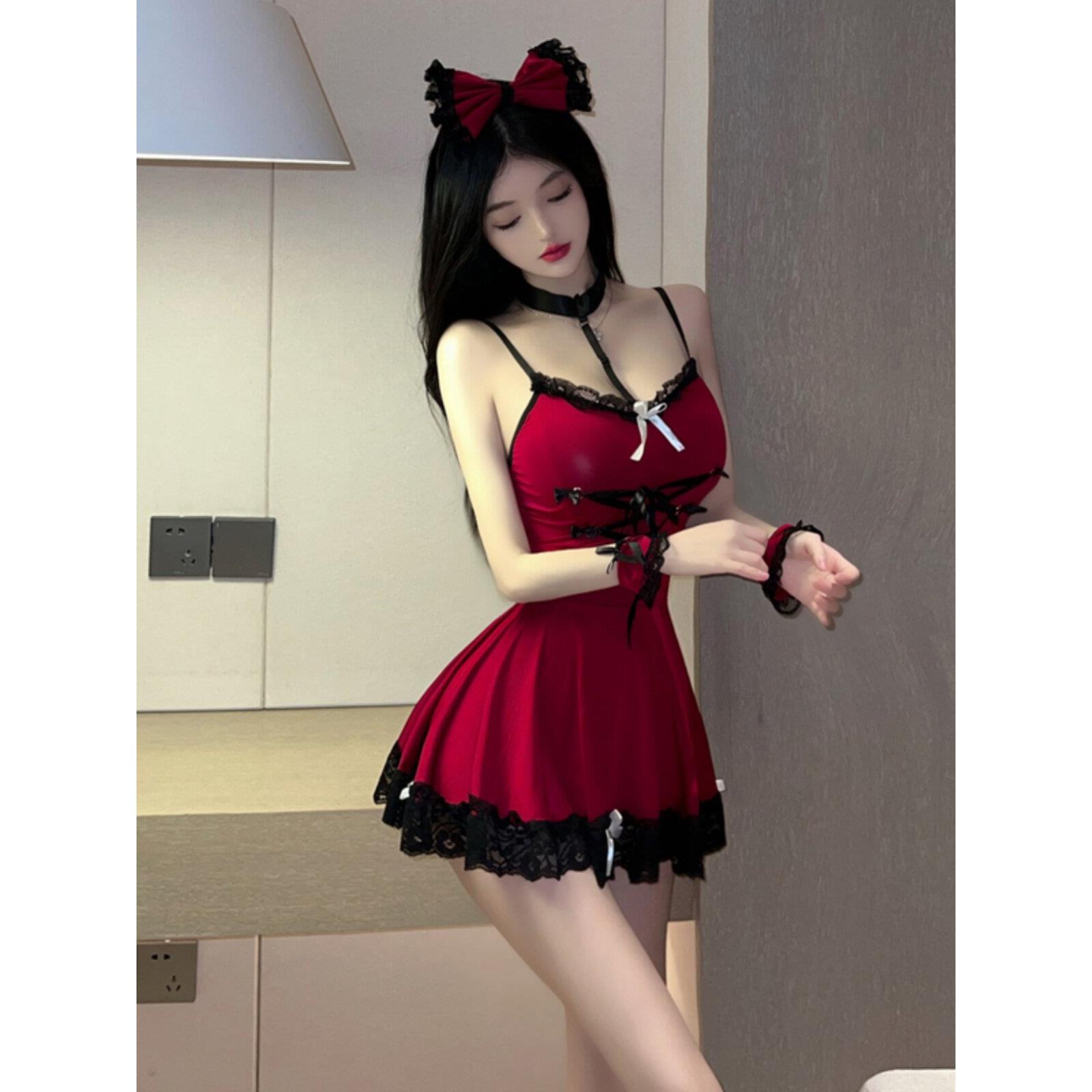 夜店酒吧女神性感女仆女佣制服蕾丝边收腰大摆字露背吊带连衣裙
