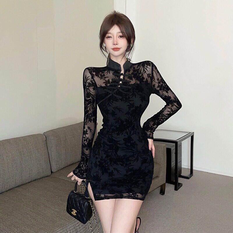秋季直播衣服女主播气质国风复古改良旗袍短款修身显瘦长袖连衣裙