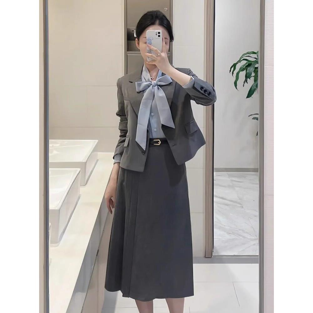 灰色职业西装套装女春装搭配一整套小个子气质教师大学生面试正装