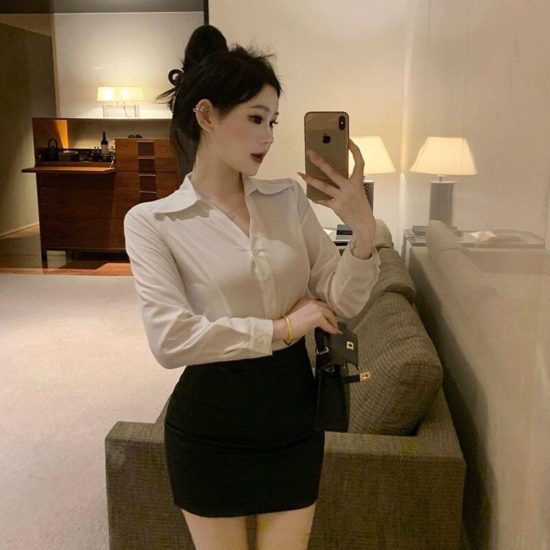 性感御姐风职业装领长袖白衬衫女修身包裙足道足浴技师工作制服
