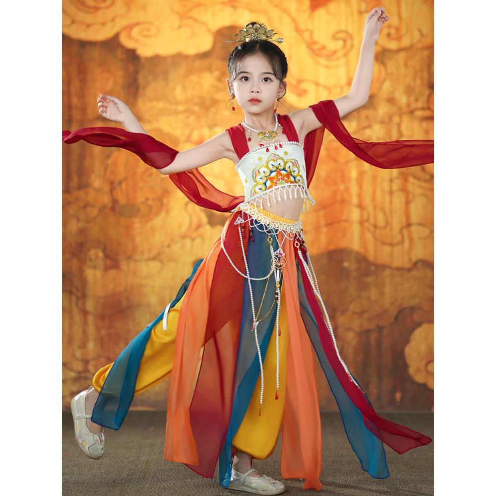 儿童飞天乐鼓演出服西域敦煌舞蹈服女童古典舞异域风情民族表演服